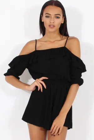 Black Cold Shoulder Frill Layer Playsuit - Diana