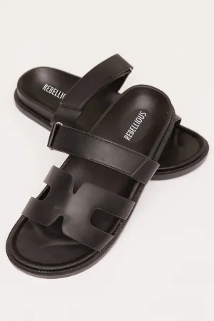 Black Gladiator Faux Leather Velcro Strap Slider Sandals - Aloni