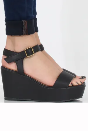 Black PU Open Toe Wedge Sandals - Kennie