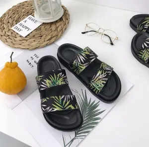 Black Pu Palm Leaves Print Summer Flat Rubber Sandals