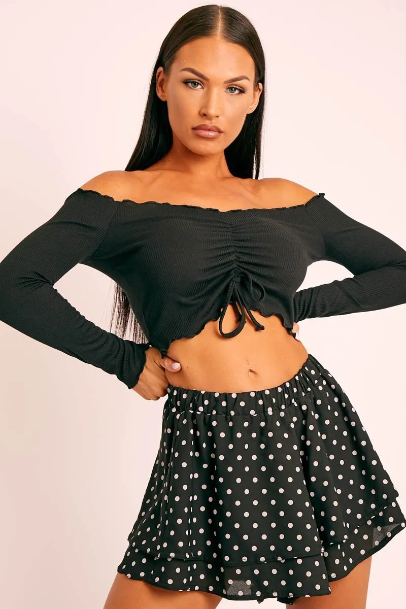 Black Ribbed Bardot Crop Top - Daniah