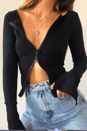 Black Ribbed Zip Front Top - Jamoni