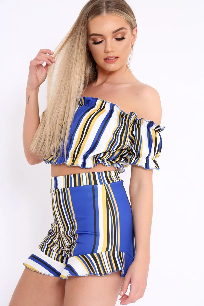 Blue And Mustard Stripe Ruffle Bardot Bralet And Shorts Co-ord - Zia