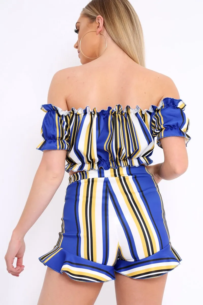 Blue And Mustard Stripe Ruffle Bardot Bralet And Shorts Co-ord - Zia