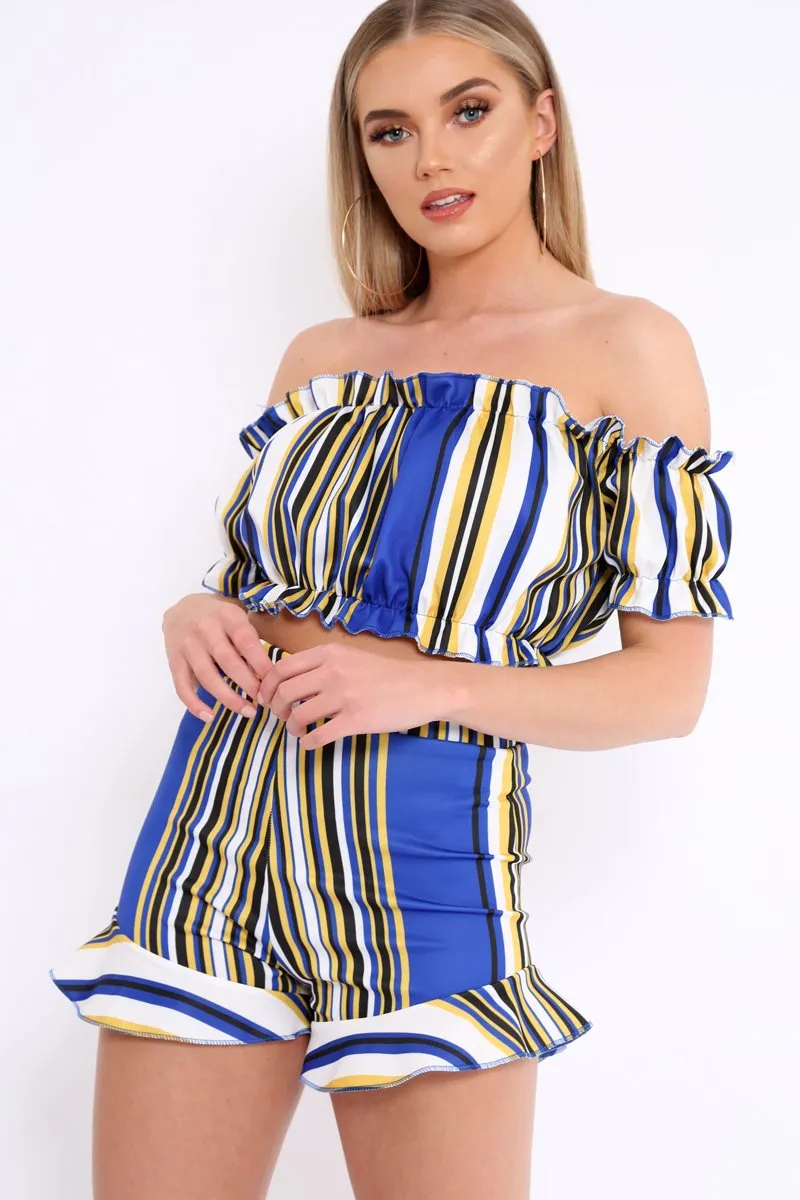 Blue And Mustard Stripe Ruffle Bardot Bralet And Shorts Co-ord - Zia