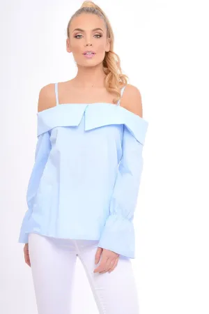 Blue Bardot Strappy Bell Sleeve Top - Kandice