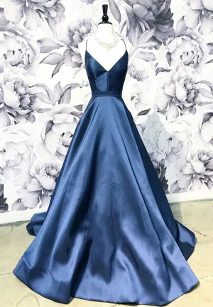 Blue Satin Long A-Line Prom Dress Simple V-Neck Evening Dress