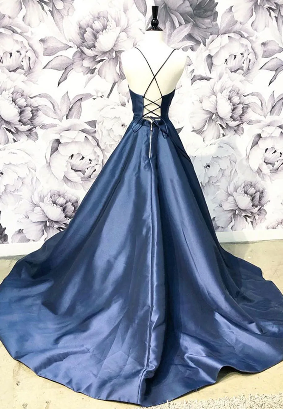 Blue Satin Long A-Line Prom Dress Simple V-Neck Evening Dress