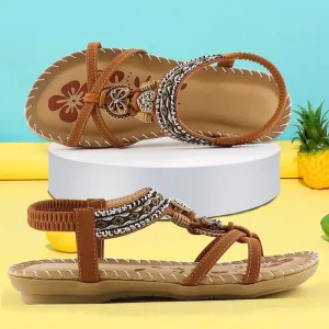 Bohemian Walking Sandals with Floral Pattern - Low-Heeled, Elastic Band Closure