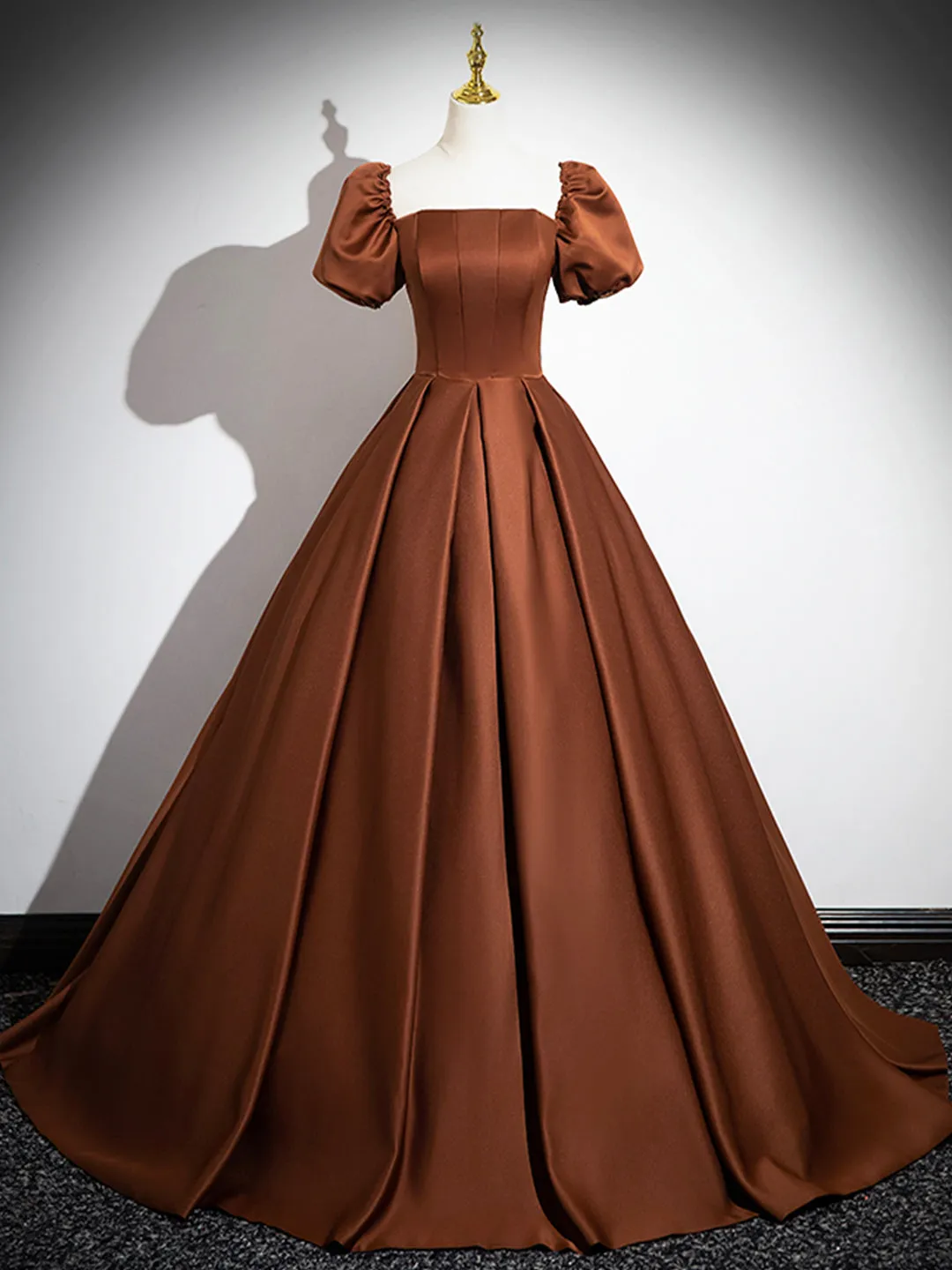 Brown Satin Floor Length Prom Dress Off the Shoulder A-Line Evening Dress