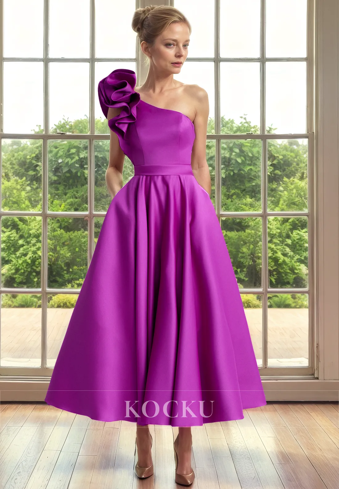 Classic & Timeless One Shoulder A-Line Sleeveless Satin Cocktail Mother of the Bride Dress