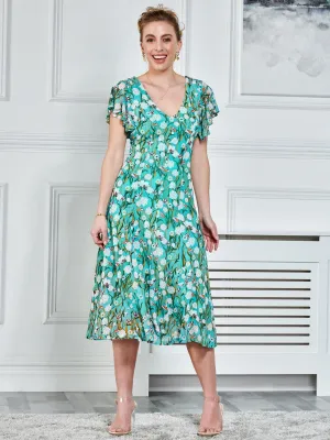 Colette Fit & Flare Mesh Dress, Green Floral