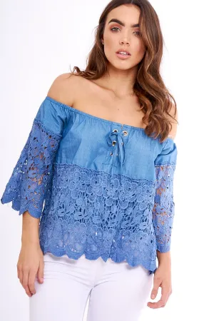 Dark Denim Lace Up Crochet Bardot Top - Tessa