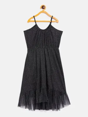 Girls Black Mesh Lurex Strappy High Low Dress