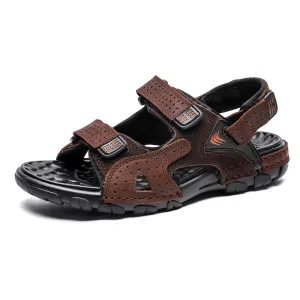 kkboxly kkboxly Men Summer Outdoor Comfy Cowhide Leather Non Slip Hook Loop Beach Sandals