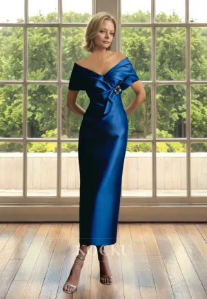 Low V-Neck Long Sleeves Sheath Ruched Satin Mother of Bride Dress Cocktail Gowns with Beads