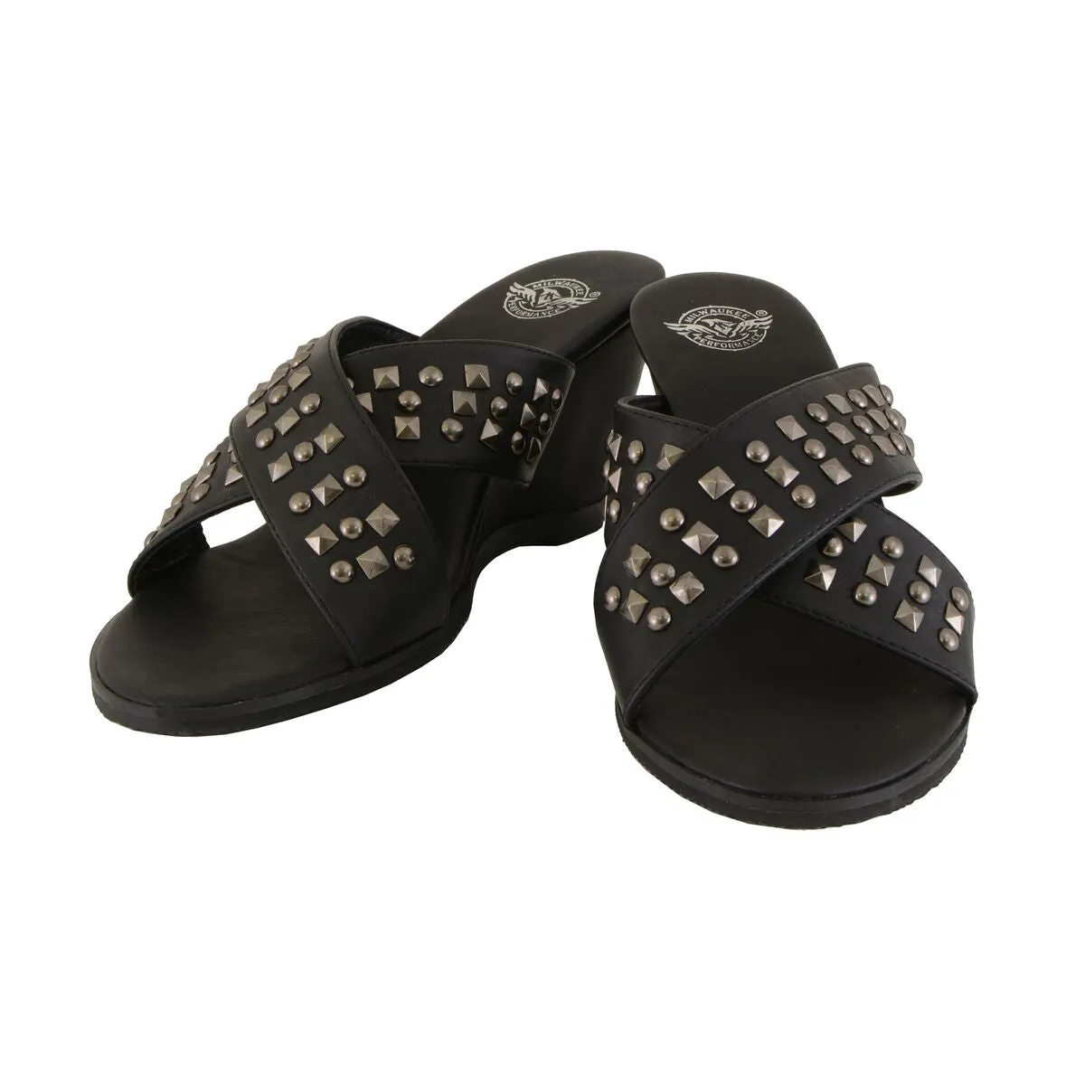 Milwaukee Leather MBL9455 Women's Black Studded Crossover Strap Wedges