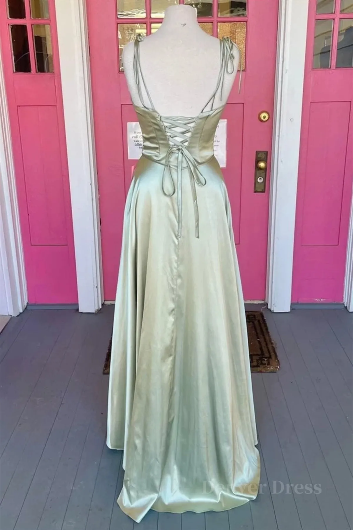 Open Back Sage Satin Long Prom Dress with High Slit Long Sage Formal Graduation Evening Dress