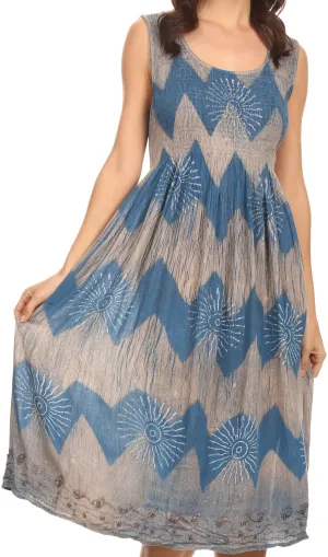 Sakkas 86372 - Frieda  Mid Length Tank Top Sleeveless Dress Aztec Pattern And Bead Sequins - Blue - OS