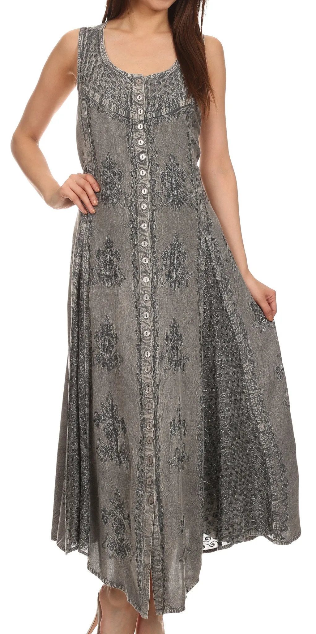 Sakkas Beverlee Embroidered Button Down Sleeveless Caftan Dress