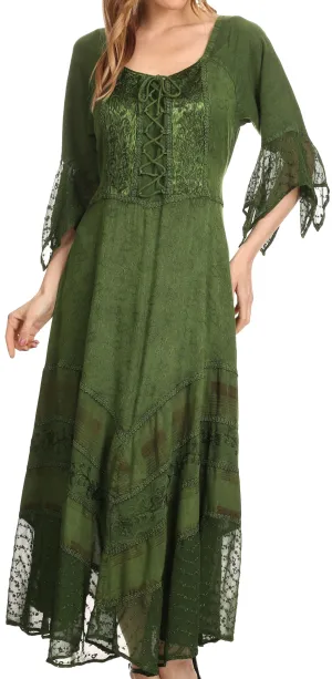 Sakkas Bexley Scoop Neck Bell Sleeve Bohemian Gypsy Embroidered Corset Dress