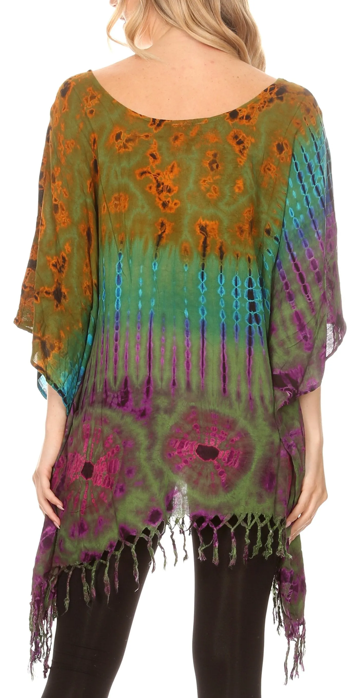 Sakkas Geno Round Neck Casual Boho Short Sleeve Loose Blouse Top Cover-up w/Fringe