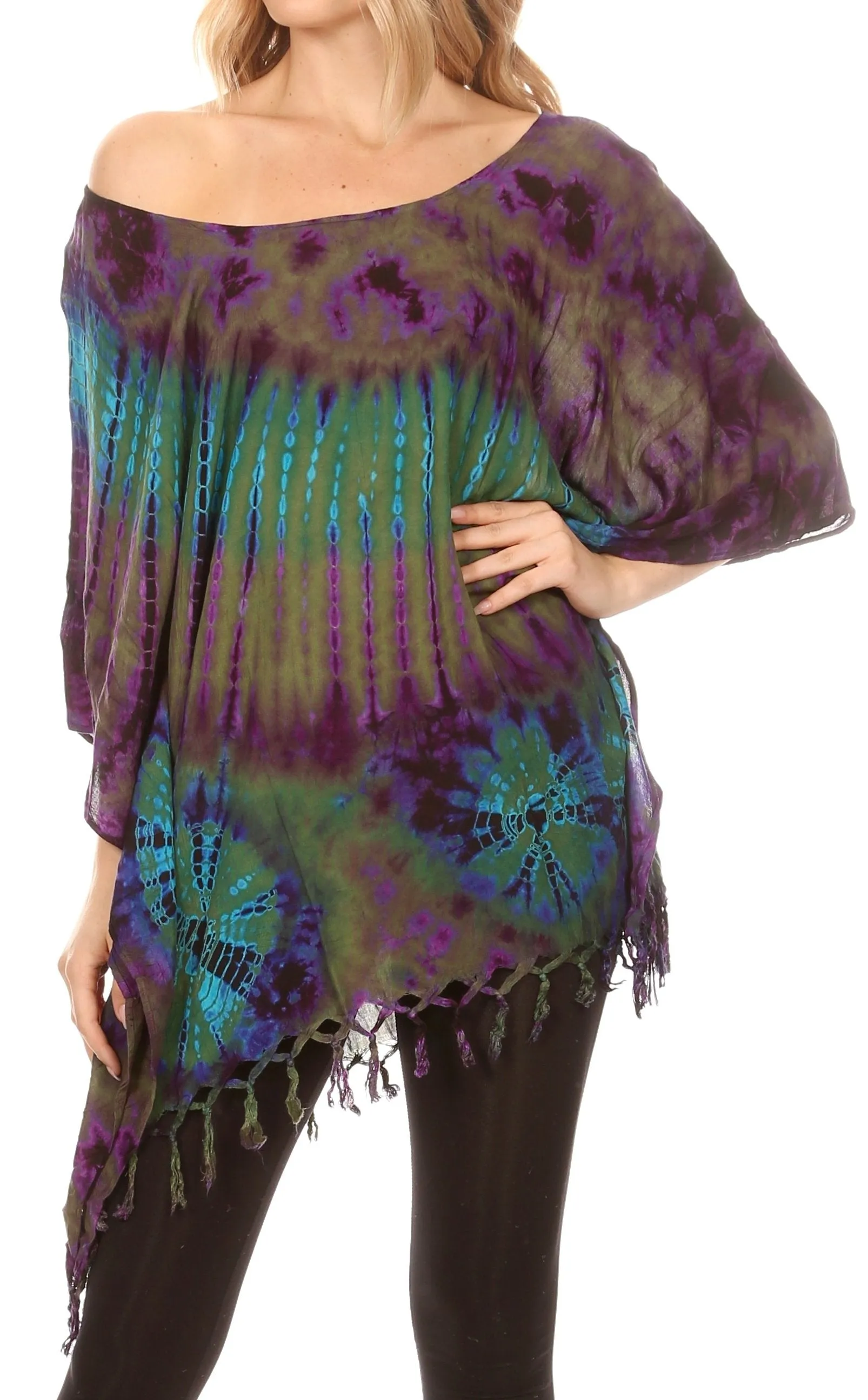 Sakkas Geno Round Neck Casual Boho Short Sleeve Loose Blouse Top Cover-up w/Fringe