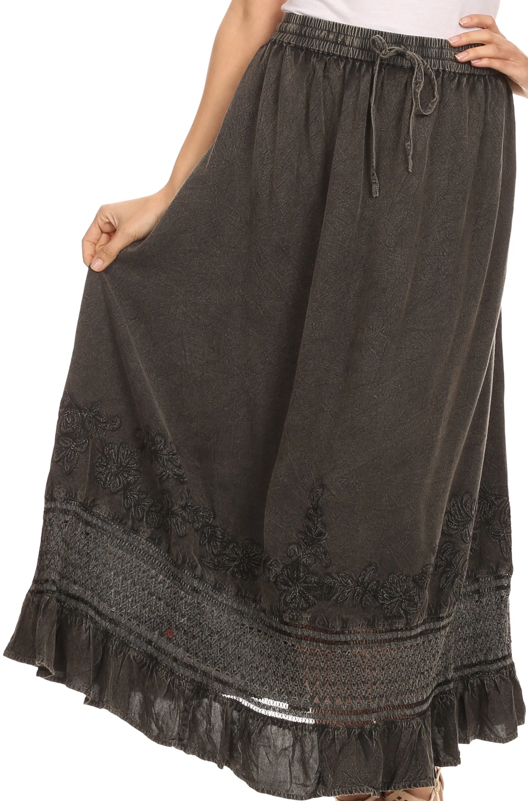 Sakkas Harley Bohemian Embroidered Ethnic Maxi Skirt Adjustable Waist Ruffle Trim