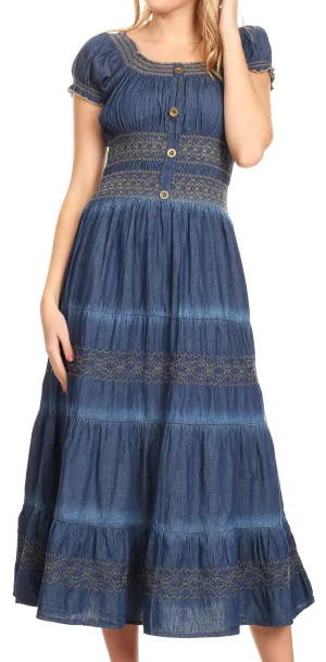 Sakkas Ode Women Boho Maxi Chambray Casual Long Dress Short Sleeve Off Shoulder