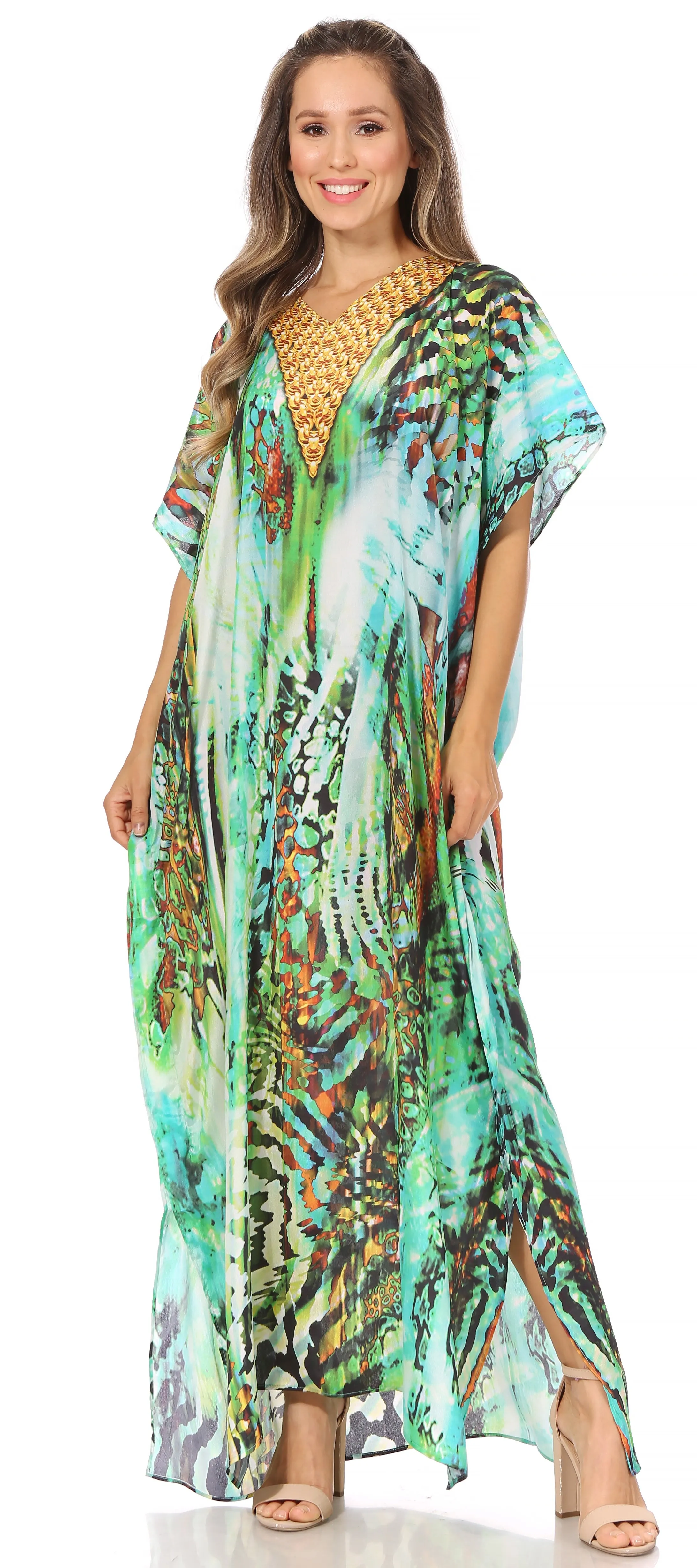 Sakkas Vicky Women's Casual Long Print Short Sleeve Petite Beach Maxi Caftan Dress