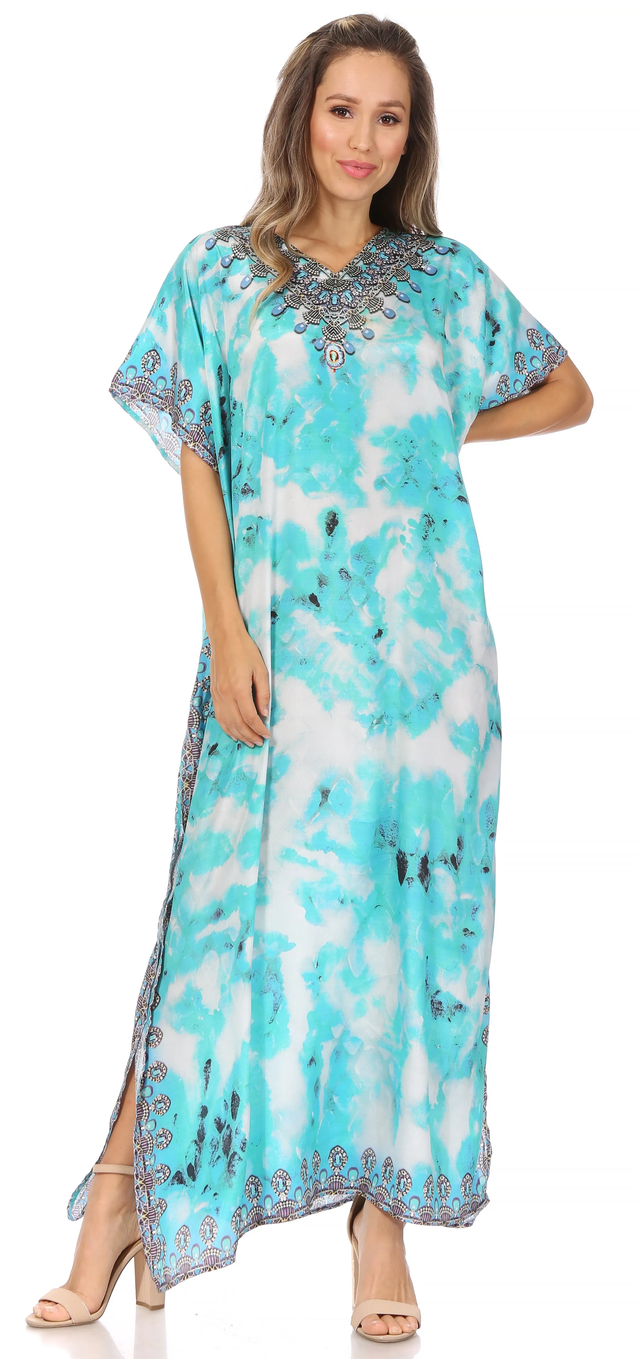 Sakkas Vicky Women's Casual Long Print Short Sleeve Petite Beach Maxi Caftan Dress