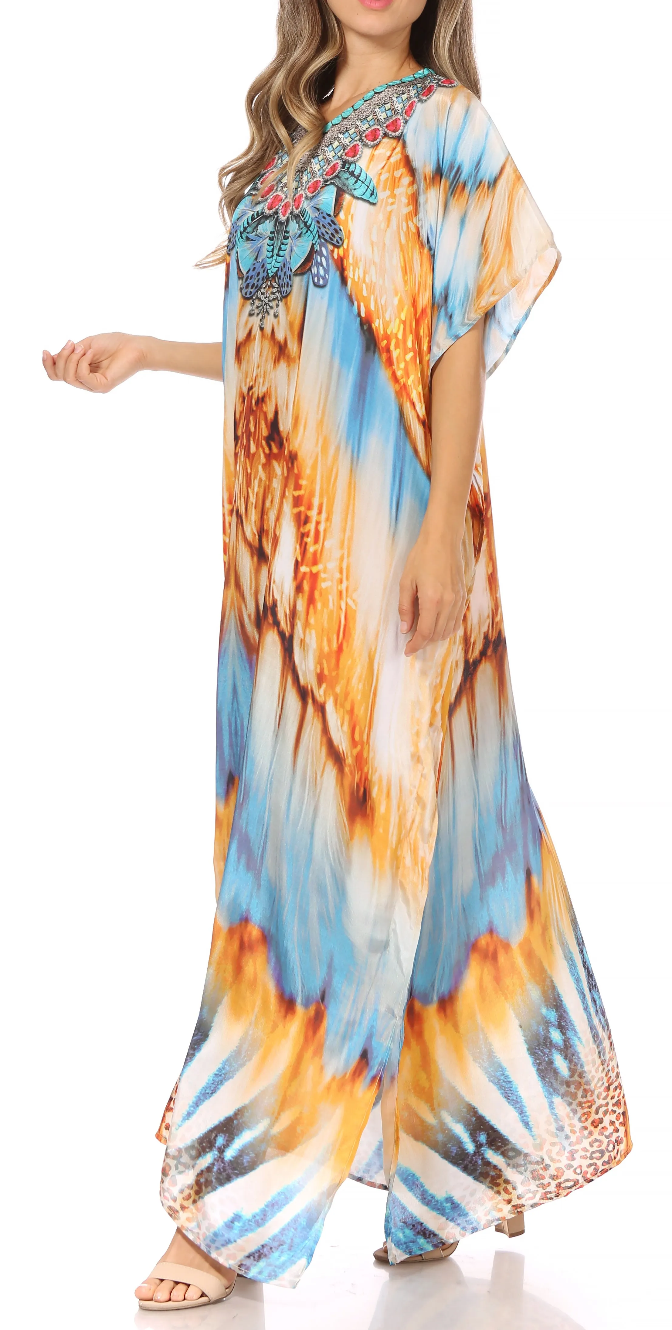 Sakkas Vicky Women's Casual Long Print Short Sleeve Petite Beach Maxi Caftan Dress