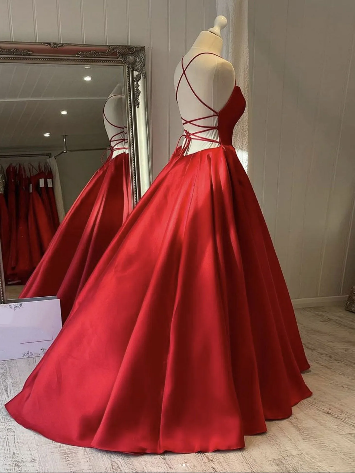 Simple red satin long prom dress red evening dress