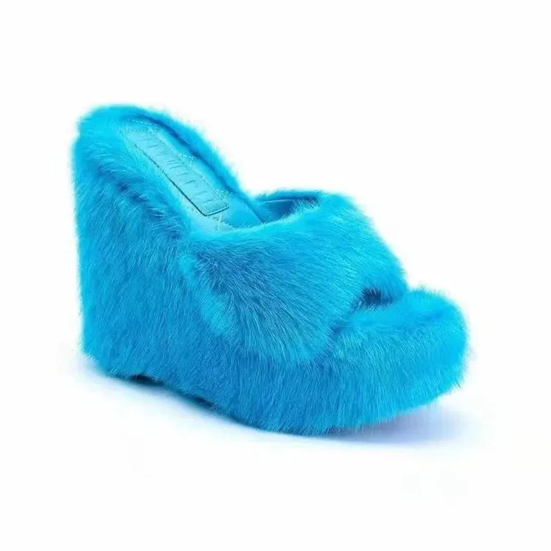 Trendy Plush Wedge  High-heeled Furry Slippers