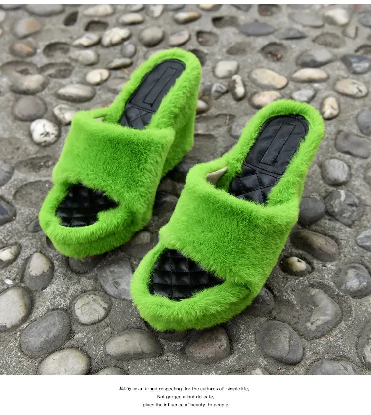 Trendy Plush Wedge  High-heeled Furry Slippers